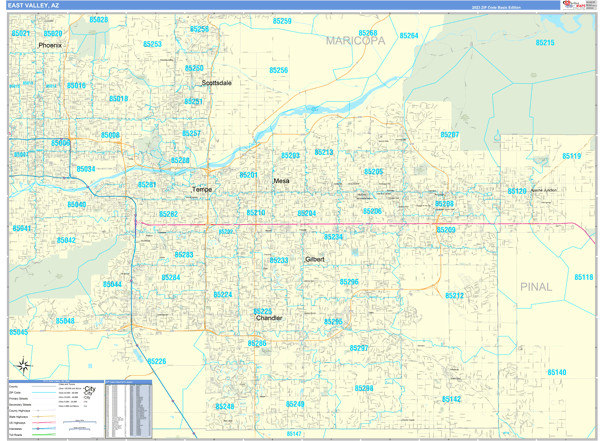 East Valley Metro Area Wall Map Basic Style